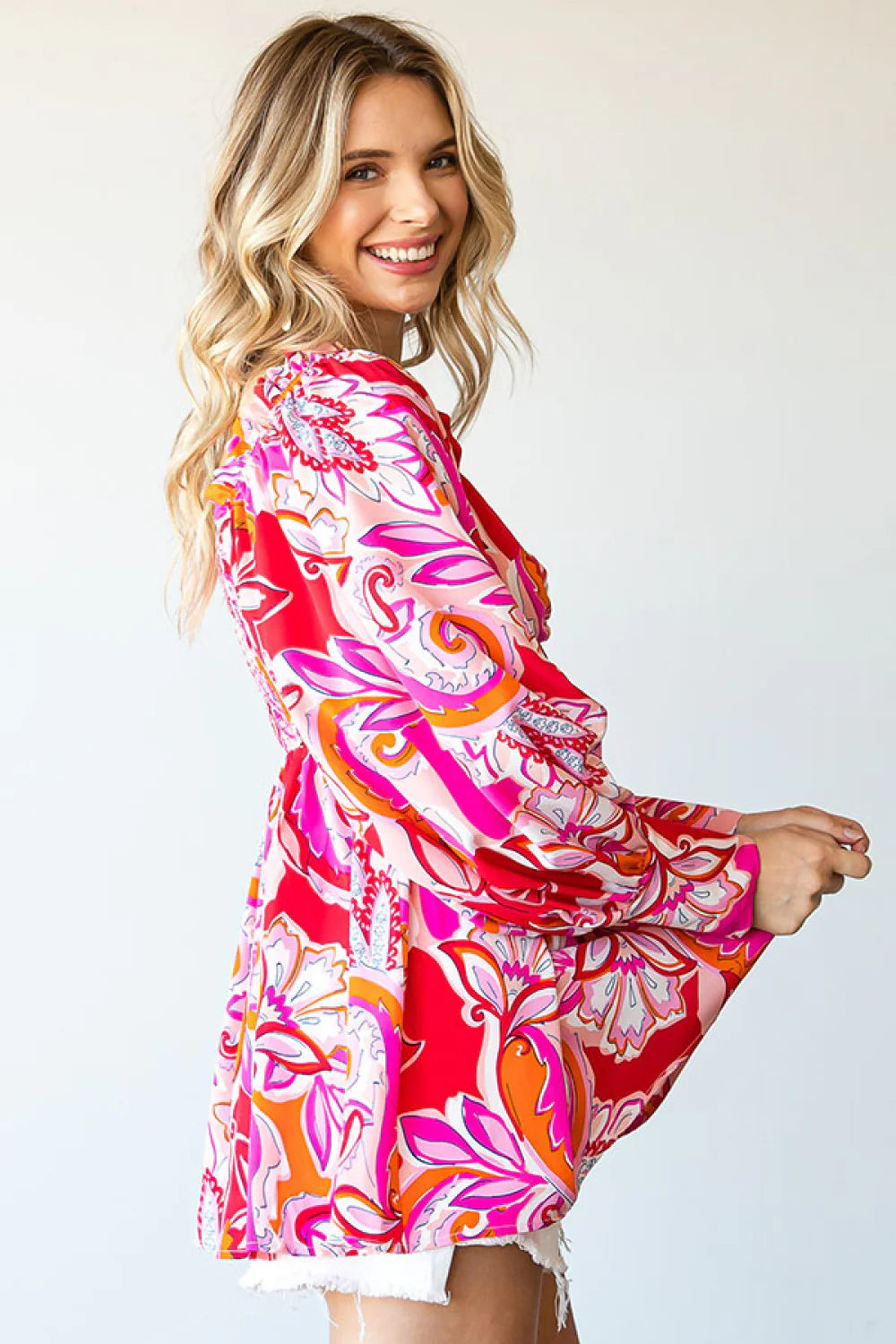 GROOVY RETRO PINK RED ORANGE FUCHSIA DESIGN BABYDOLL WOVEN TOP- SALE