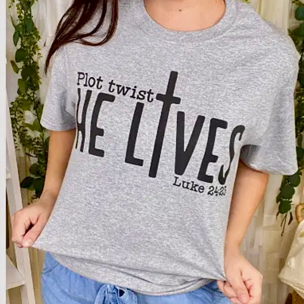 PLOT TWIST HE LIVES- ON A ***WHITE*** TEE- SALE