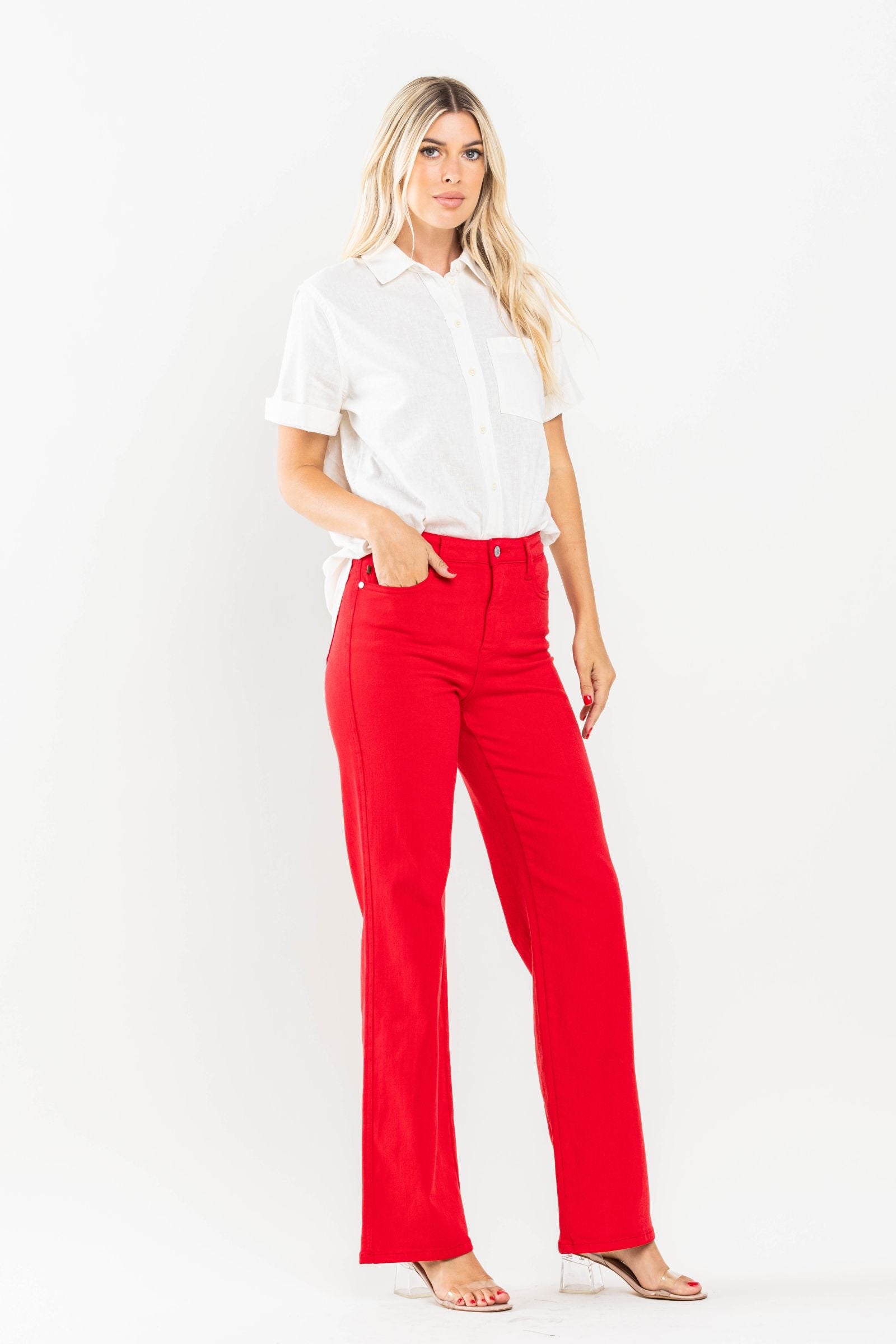 High Waist Garment Dyed 90s Straight Red Judy Blue Denim-PLUS