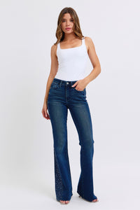 DARKWASH MID RISE RHINESTONE SIDE PANEL DETAIL FLARE JUDY BLUE DENIM-PLUS