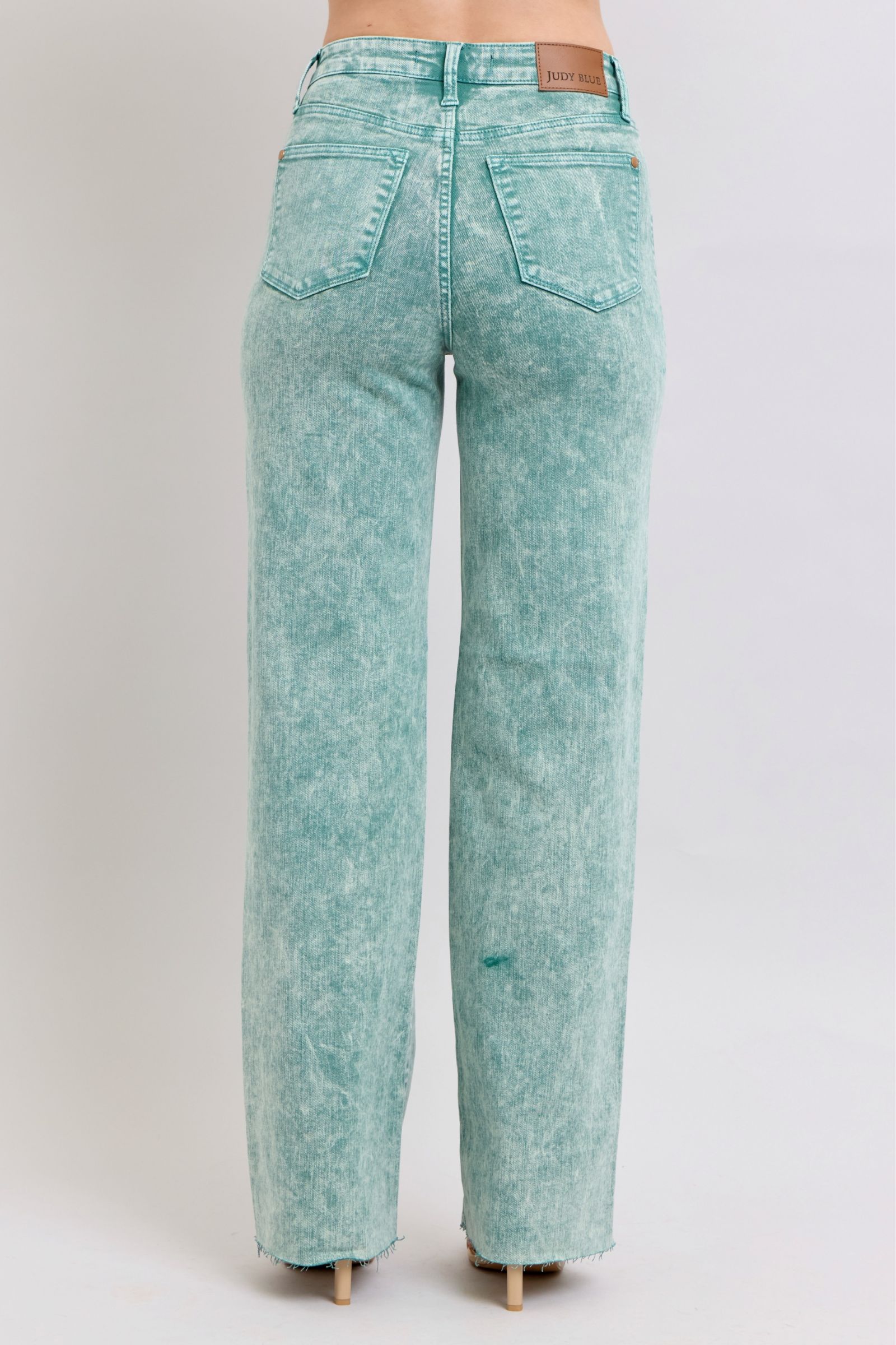HIGH WAIST SEA GREEN GARMENT DYED RAW HEM “DAD JEANS” JUDY BLUE DENIM