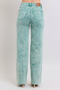 HIGH WAIST SEA GREEN GARMENT DYED RAW HEM “DAD JEANS” JUDY BLUE DENIM