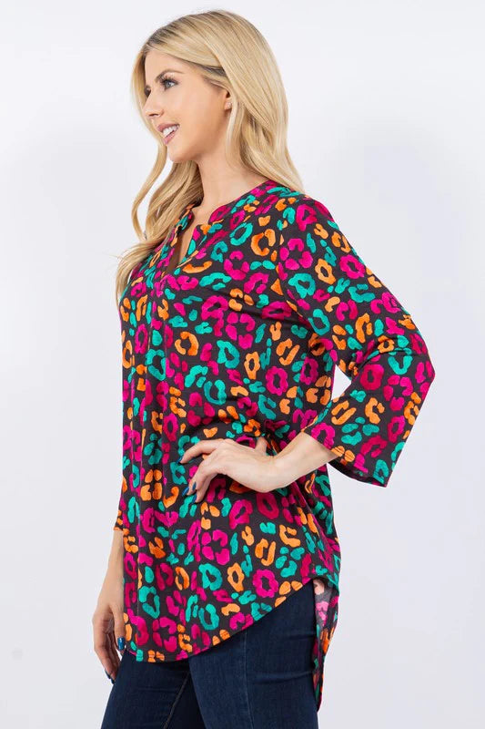 BLACK & NEON MULTI PRINT ANIMAL 3/4 SLEEVE TOP-PLUS