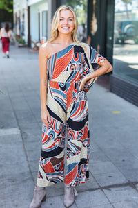 ABSTRACT DESIGN ONE SHOULDER MULTI COLOR JUMPSUIT