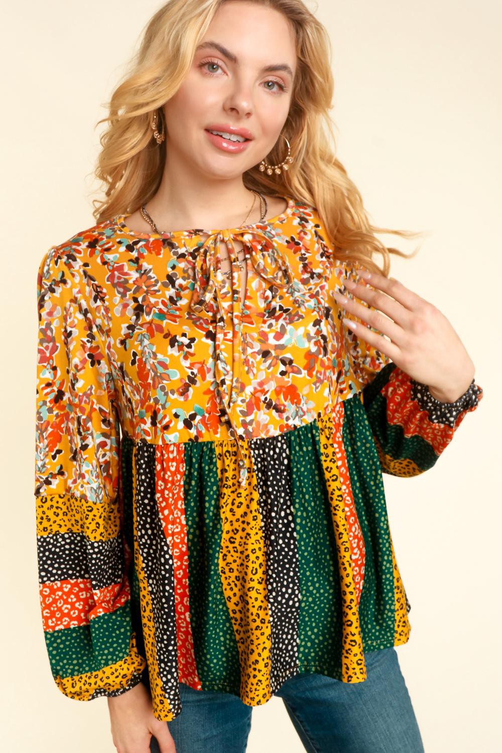 BOHO MUSTARD RUST FLORAL LEOPARD BABYDOLL TOP-PLUS