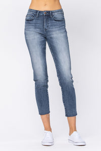 DARKWASH HIGH RISE RAW HEM RELAXED FIT JUDY BLUE DENIM