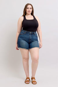 DARKWASH TUMMY CONTROL HIGH WAIST FRAYED HEM SHIELD BACK POCKETS SHORTS JUDY BLUE DENIM-PLUS