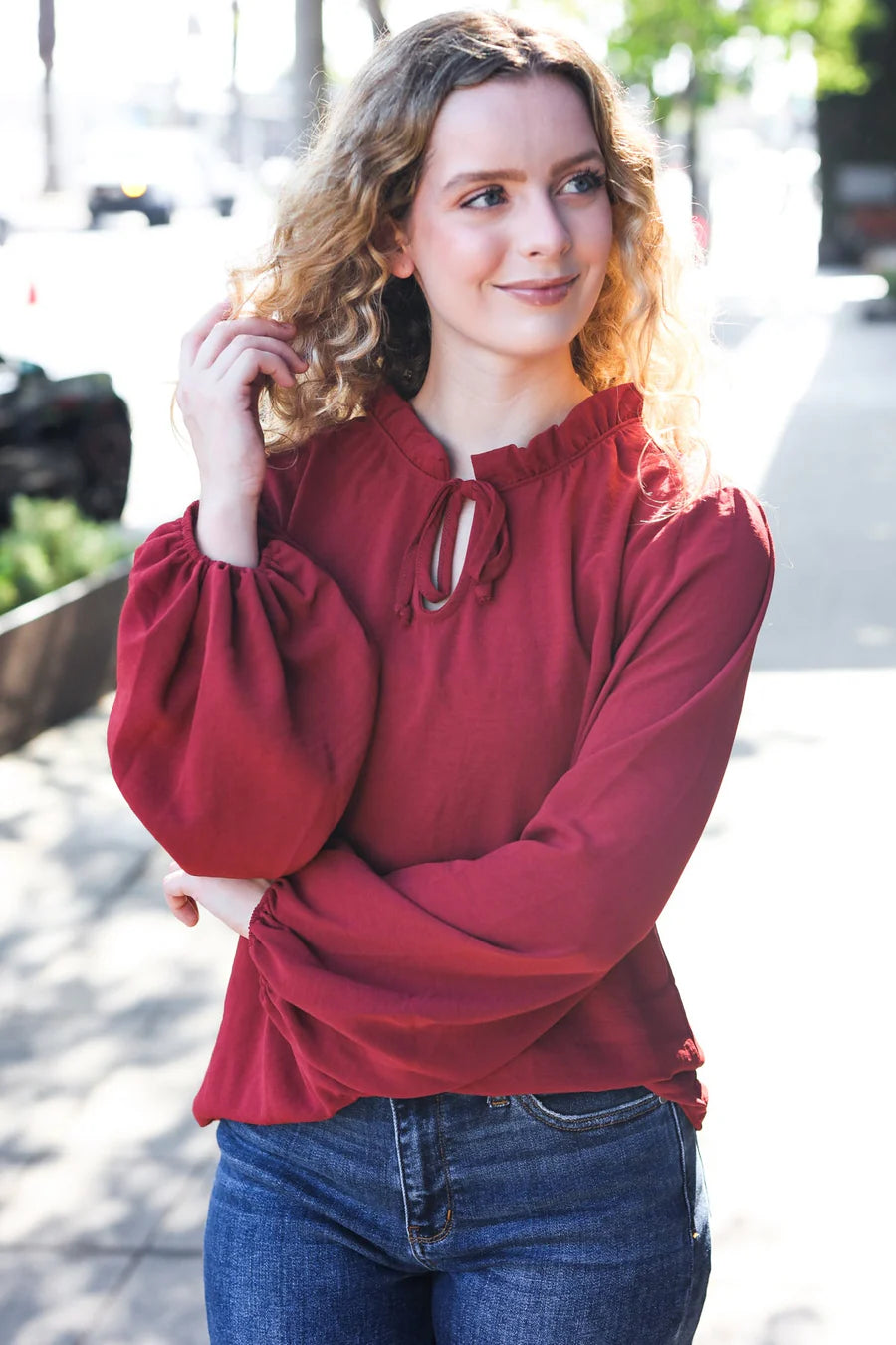 BURGUNDY FRILLED EDGED VNECK TIE LONG SLEEVE TOP-PLUS