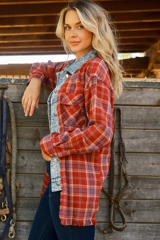 RED PLAID DENIM LAYERED HOODIE TOP-PLUS