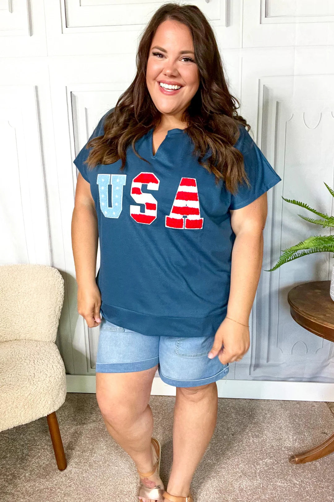 NAVY "USA" RWB PATCH NOTCHED NECK DOLMAN VNECK TOP- PLUS- SALE