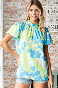 LIME GREEN & BLUE FLORAL BOW BACK BLOUSE WITH BUBBLE SLEEVES-PLUS