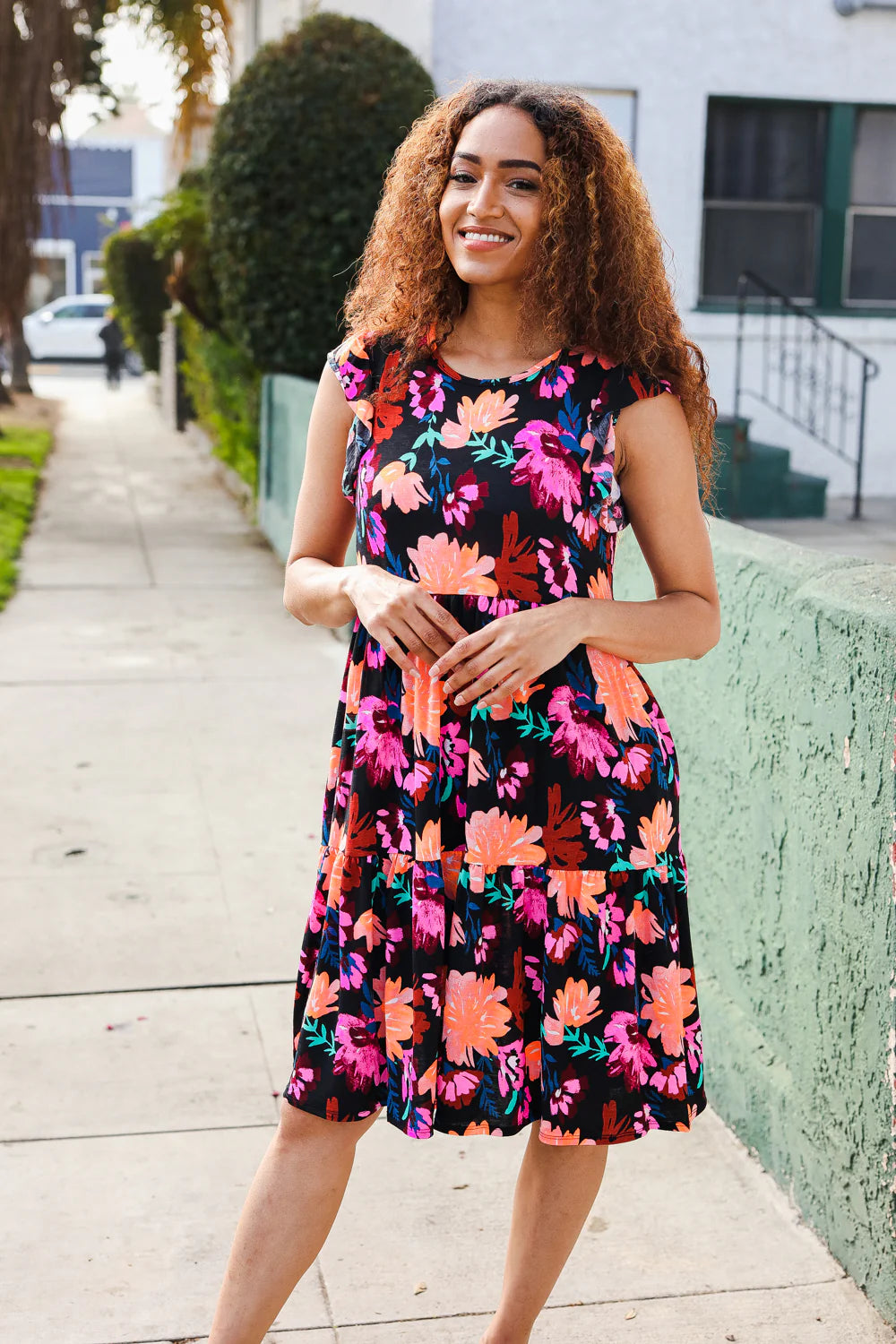 BLACK PINK FLORAL FLUTTER DRESS-PLUS