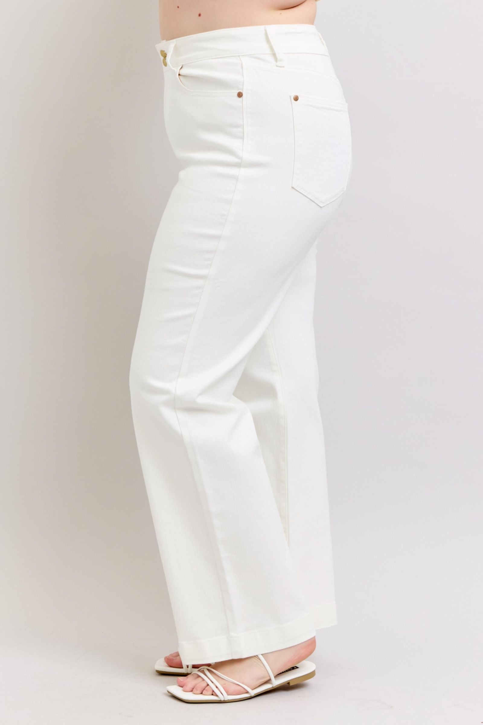 HIGH WAIST DOUBLE BUTTON WAISTBAND TROUSER WHITE WIDE LEG COIN POCKET EMBROIDERY DETAIL JUDY BLUE DENIM-PLUS