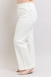 HIGH WAIST DOUBLE BUTTON WAISTBAND TROUSER WHITE WIDE LEG COIN POCKET EMBROIDERY DETAIL JUDY BLUE DENIM-PLUS