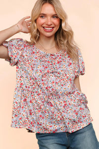 LAVENDER MULTI FLORAL FRONT RIBBONS BOW TIE BABYDOLL KNIT TOP-PLUS