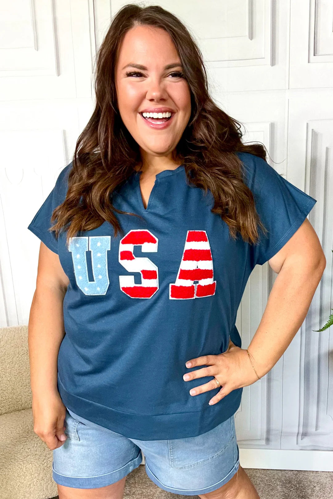 NAVY "USA" RWB PATCH NOTCHED NECK DOLMAN VNECK TOP- PLUS- SALE