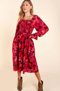 RED BLACK SMOCKED FIT & FLARE POCKETED FLOWY CHIFFON MIDI/MAXI DRESS-PLUS