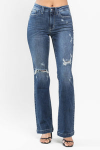 DARKWASH MID RISE HAND SAND DESTROYED BOOTCUT JUDY BLUE DENIM-PLUS