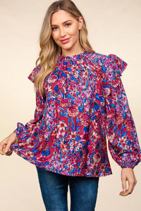 BERRY TEAL MULTI WATERCOLOR FLORAL MOCK NECK FRILLY WOVEN TOP