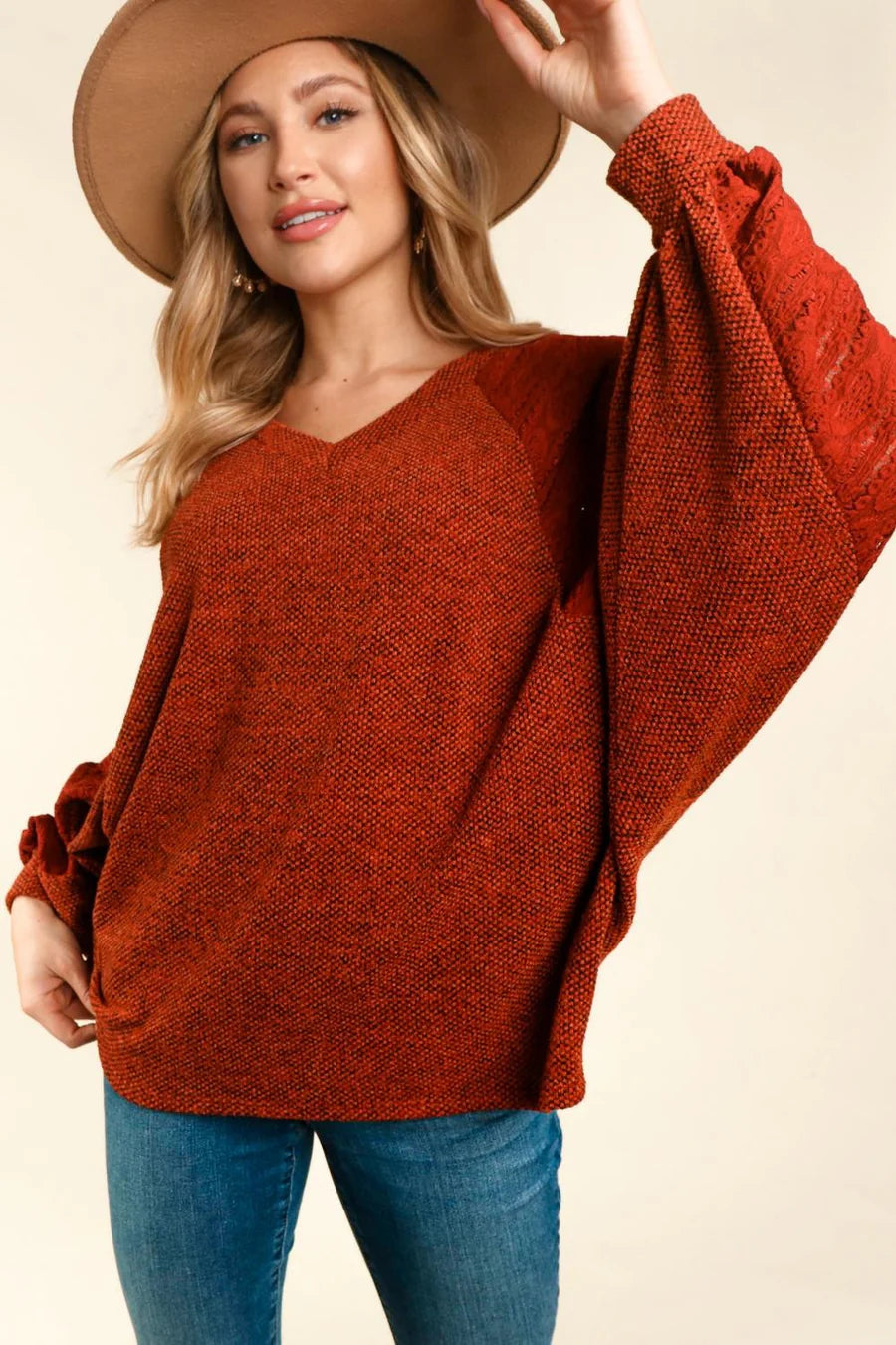 RUST BANDED DOLMAN BUBBLE LONG SLEEVE KNIT TOP