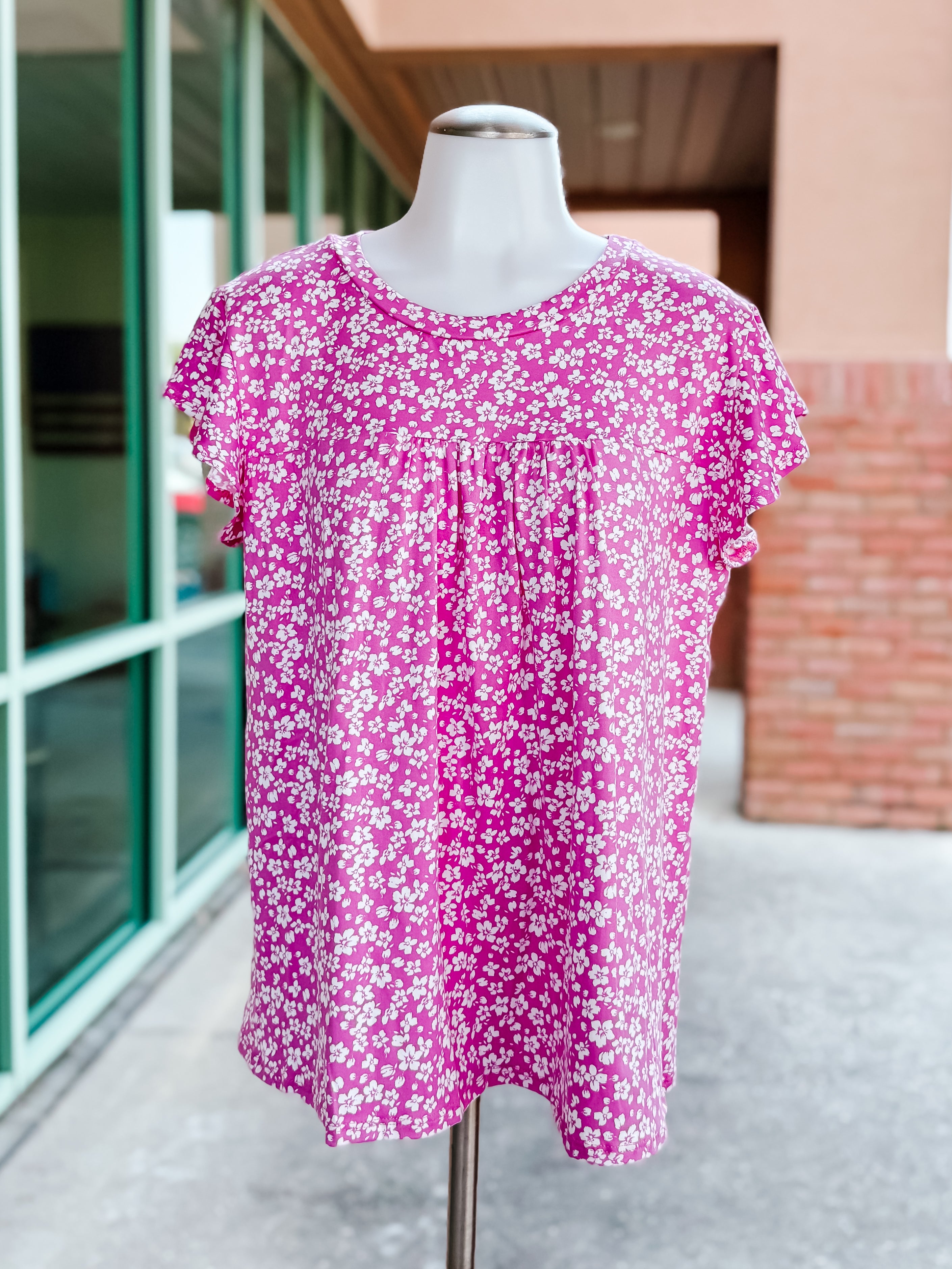 Fuchsia Floral Ruffle Short Sleeve Top- SALE