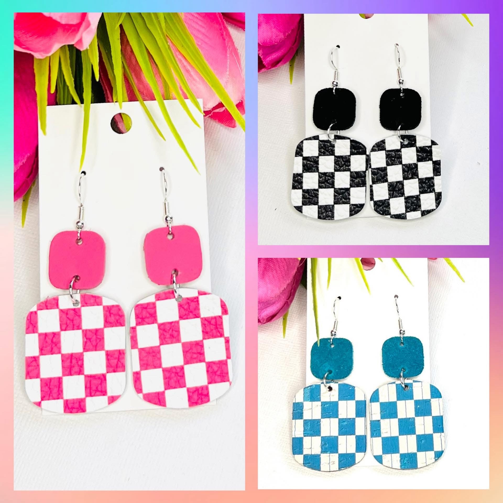 CHECKERED PRINT SQUARE WITH MATCHING SOLID COLOR SQUARE LEATHER HANDMADE EARRINGS BY B.O.D
