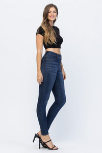 MEDIUM WASH HIGH WAIST PULL ON SKINNY WITH FRONT+BACK PATCH POCKETS JUDY BLUE DENIM