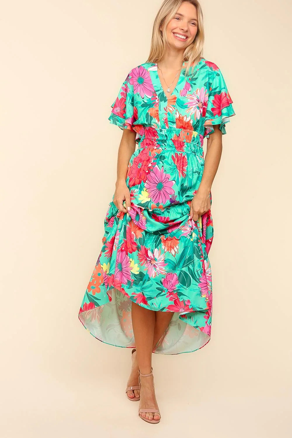 TEAL AQUA PINK SUMMERY FLORAL MAXI DRESS WITH POCKETS