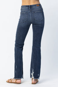 JUDY BLUE MID RISE SLIM BOOTCUT DISTRESSED DARKWASH DENIM- SIZE 0/24