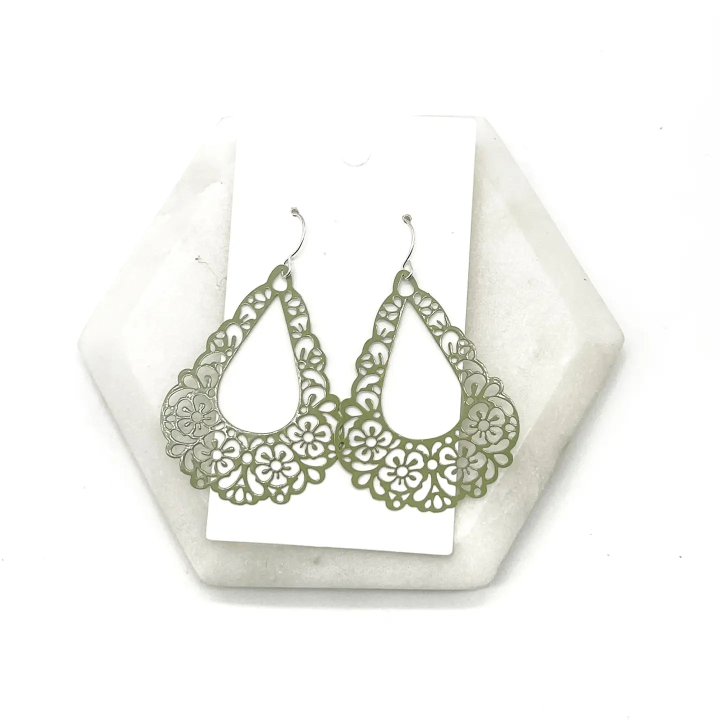OLIVE SAGE GREEN FILIGREE TEARDROP METAL STATEMENT HANDMADE BBB EARRINGS