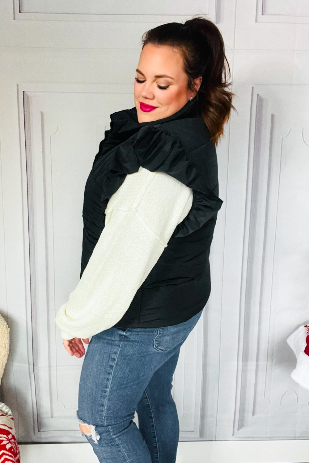 BLACK QUILTED PUFFER ZIP UP RUFFLE SLEEVE VEST- PLUS- 1X LEFT