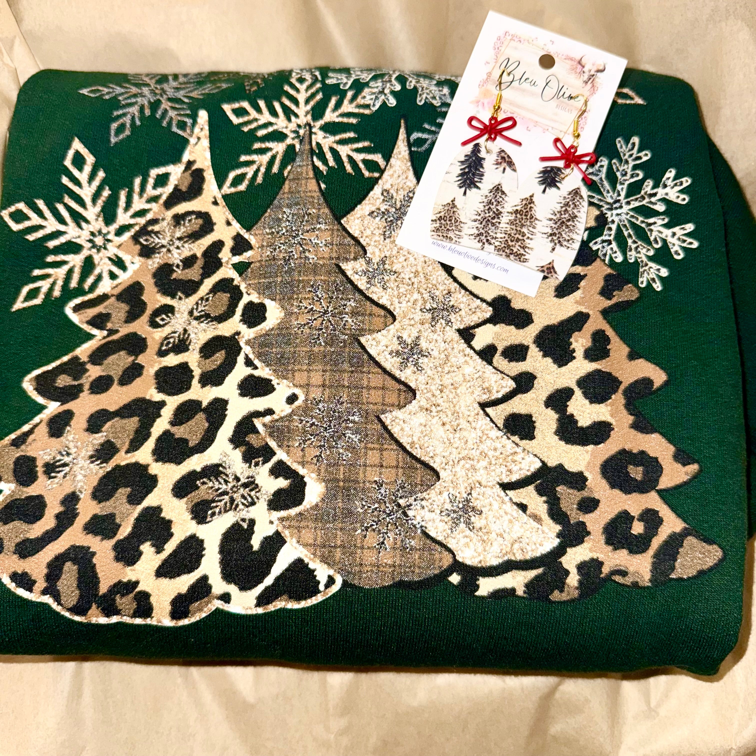 LEOPARD PRINT CHRISTMAS TREES SNOWFLAKES GREEN SWEATSHIRT