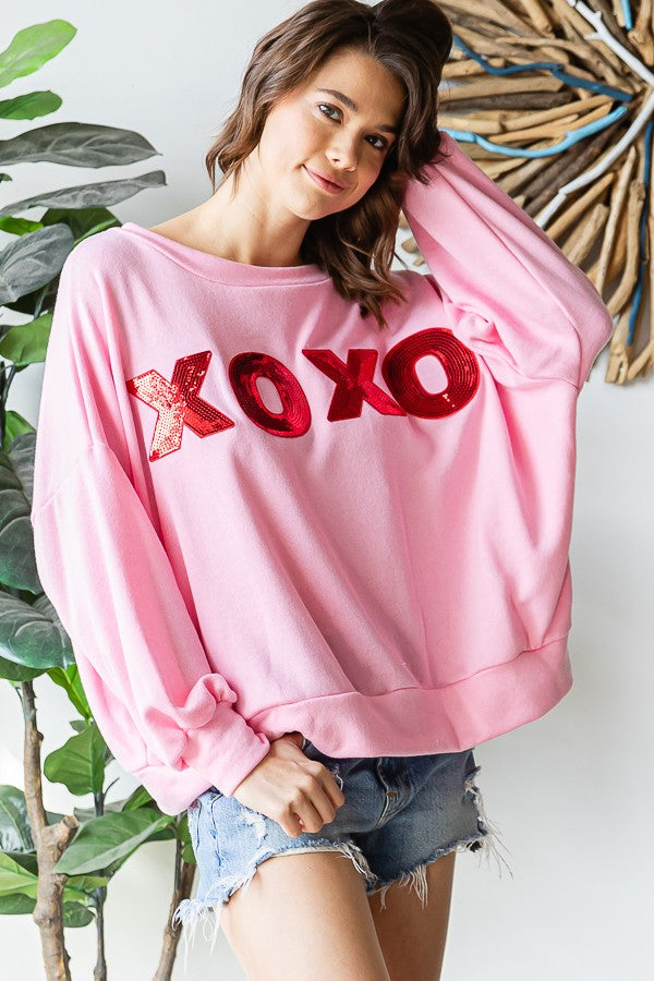 PINK XOXO OVERSIZED SEQUIN PATCH SWEATSHIRT-PLUS