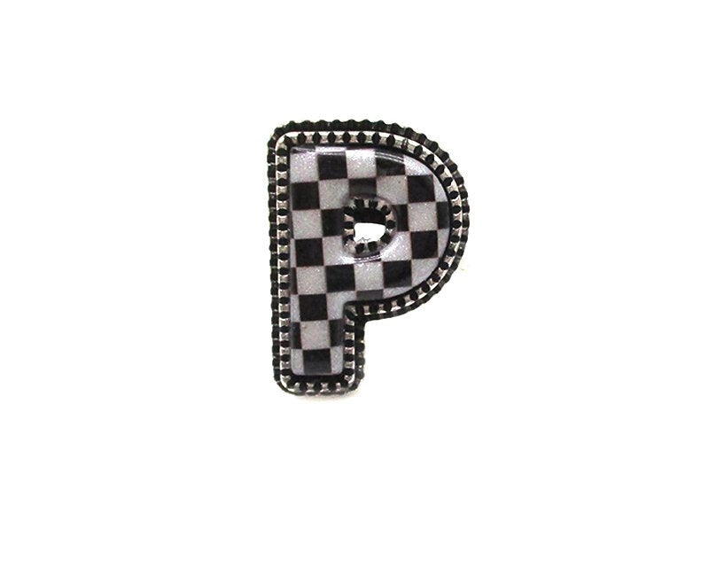 CHECKERED BUBBLE INITIAL BLACK & WHITE ON SILVER ADJUSTABLE CUFF RING