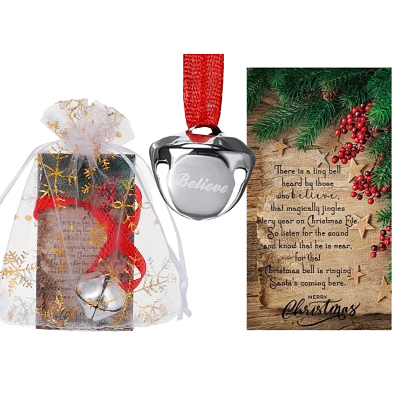 SILVER "BELIEVE" BELL FROM SANTA'S SLEIGH WITH POEM CARD IN ORGANZA BAG