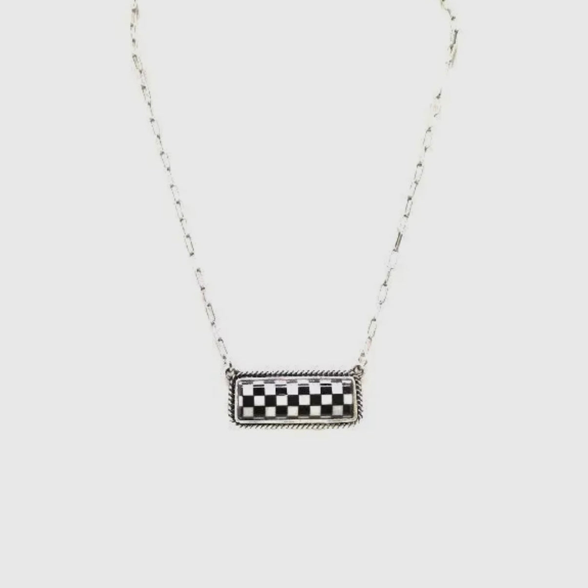BLACK & WHITE CHECKERED PRINT RECTANGLE HORIZONTAL BAR NECKLACE