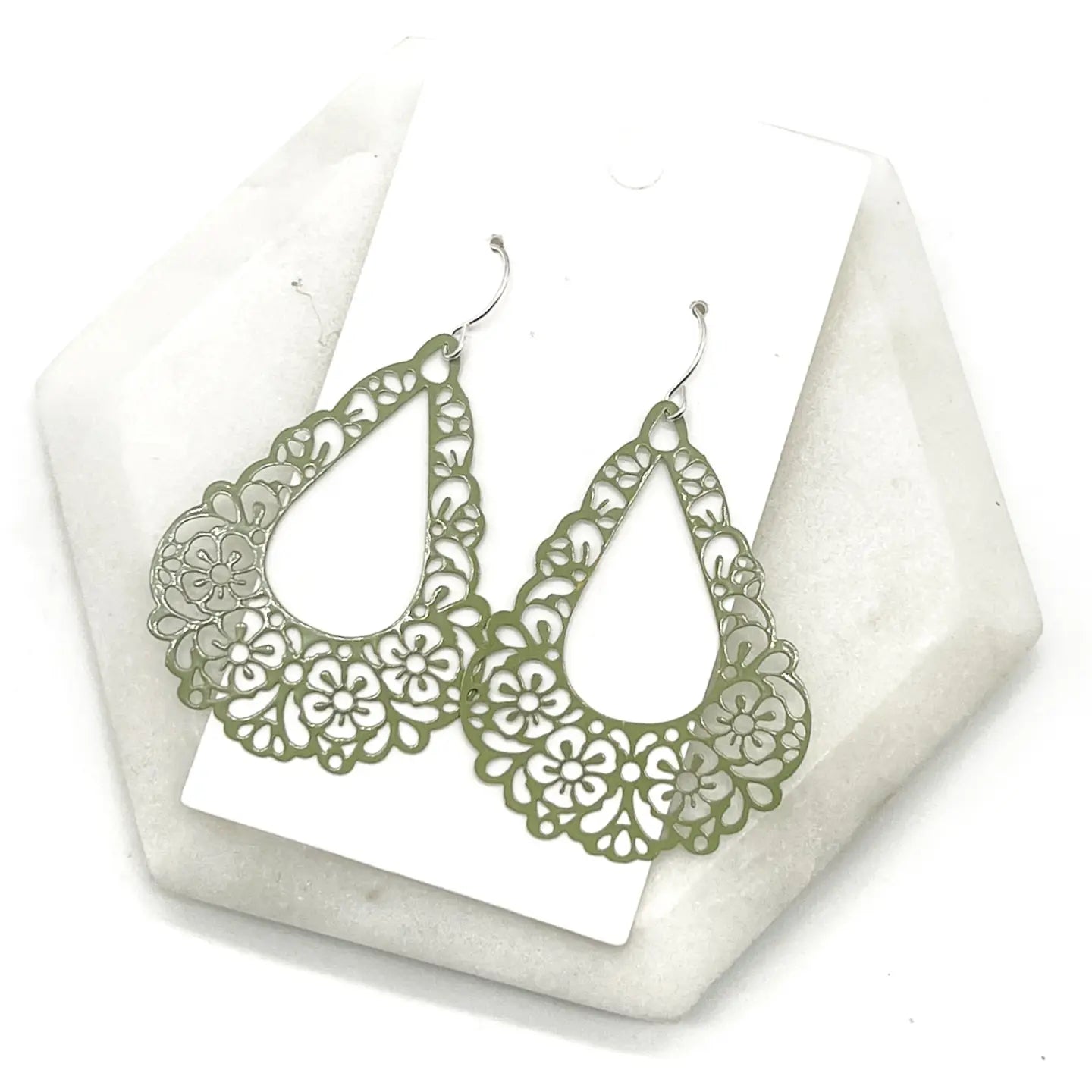 OLIVE SAGE GREEN FILIGREE TEARDROP METAL STATEMENT HANDMADE BBB EARRINGS