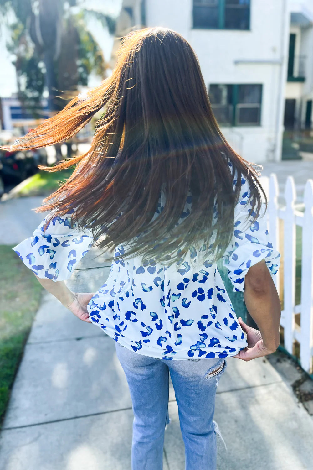 BLUE & IVORY ANIMAL PRINTED DOLMAN BUBBLE TOP-PLUS