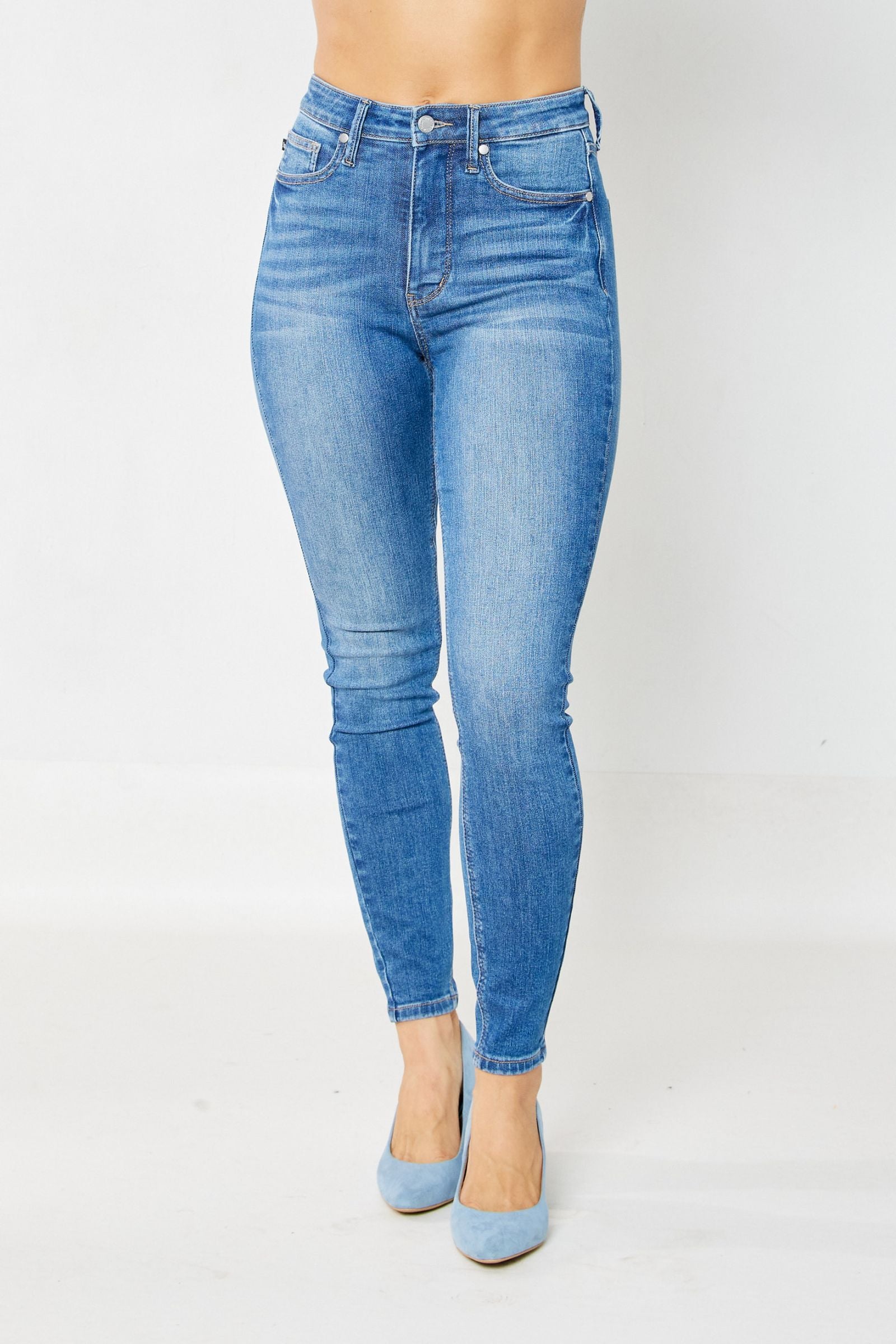 MEDIUM WASH HIGH WAIST TUMMY CONTROL CLASSIC SKINNY JUDY BLUE DENIM