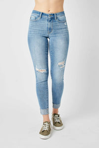 SKINNY MEDIUM WASH MID RISE DESTROYED CUFFED JUDY BLUE DENIM