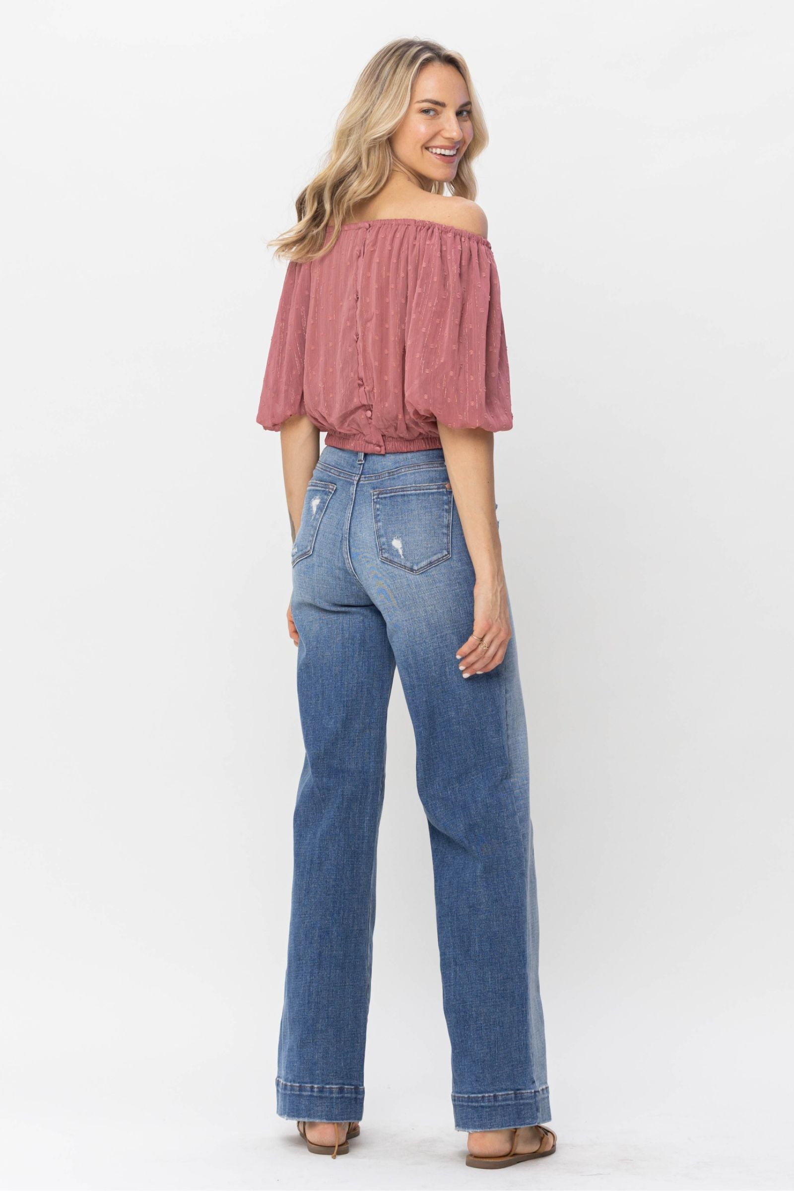 HIGH WAIST MILD DESTROYED TROUSER WIDE LEG MEDIUM WASH JUDY BLUE DENIM