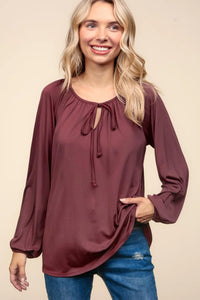 WINE MARSALA FRONT NECK TIED SOLID MODAL KNIT PEASANT TOP