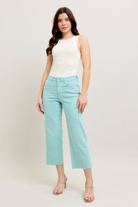 LIGHT BLUE SKY HIGH WAIST GARMENT DYED RAW HEM CROP WIDE LEG JUDY BLUE DENIM-PLUS