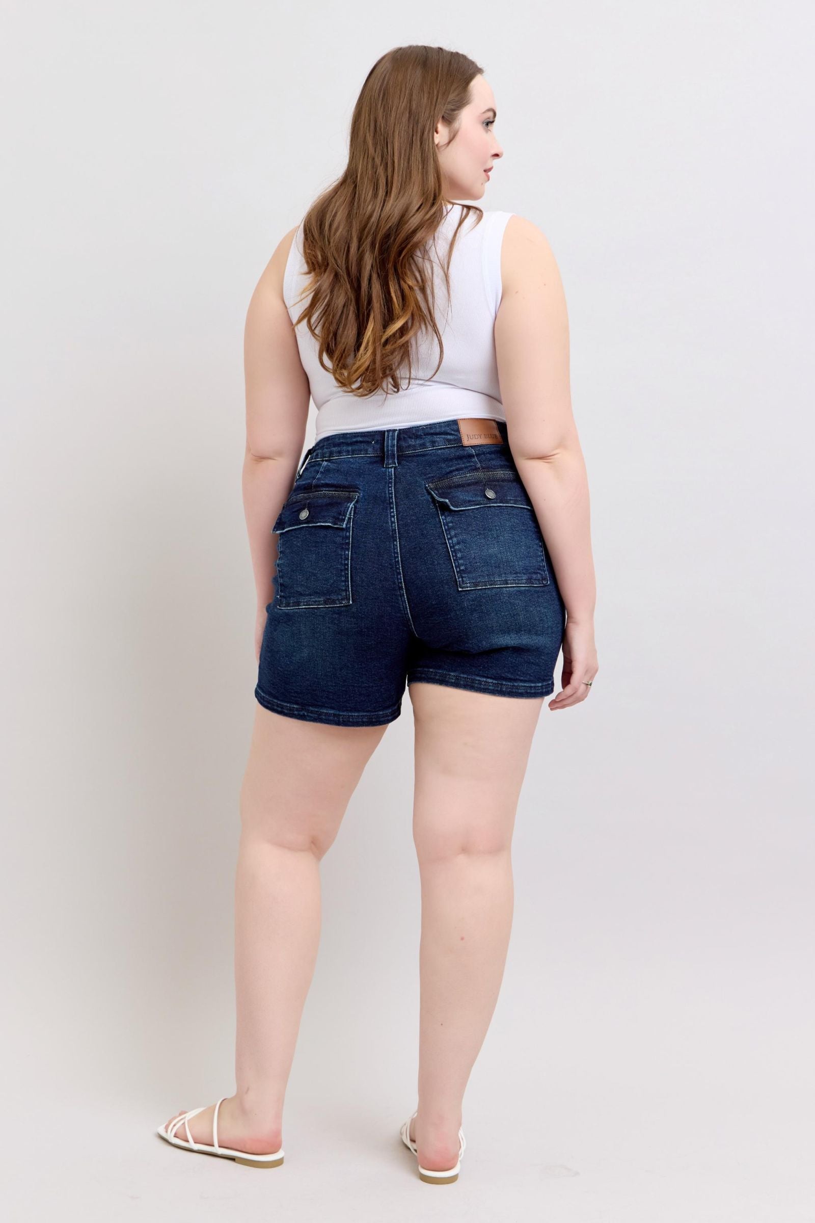 MEDIUM BLUE HIGH WAIST BACK FLAP POCKETED SHORTS JUDY BLUE DENIM-PLUS