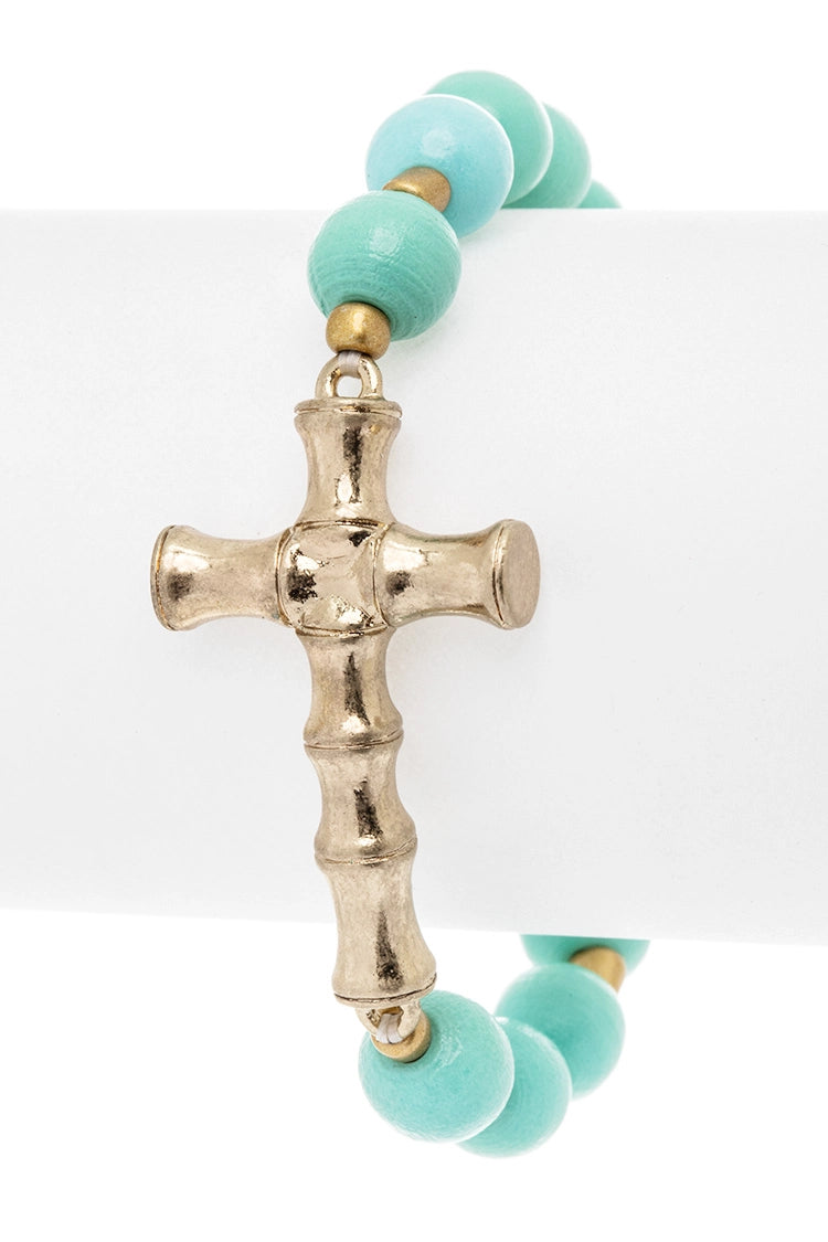 BAMBOO-STYLE CROSS CHARM WOODEN BEADED GIFTABLE BRACELET