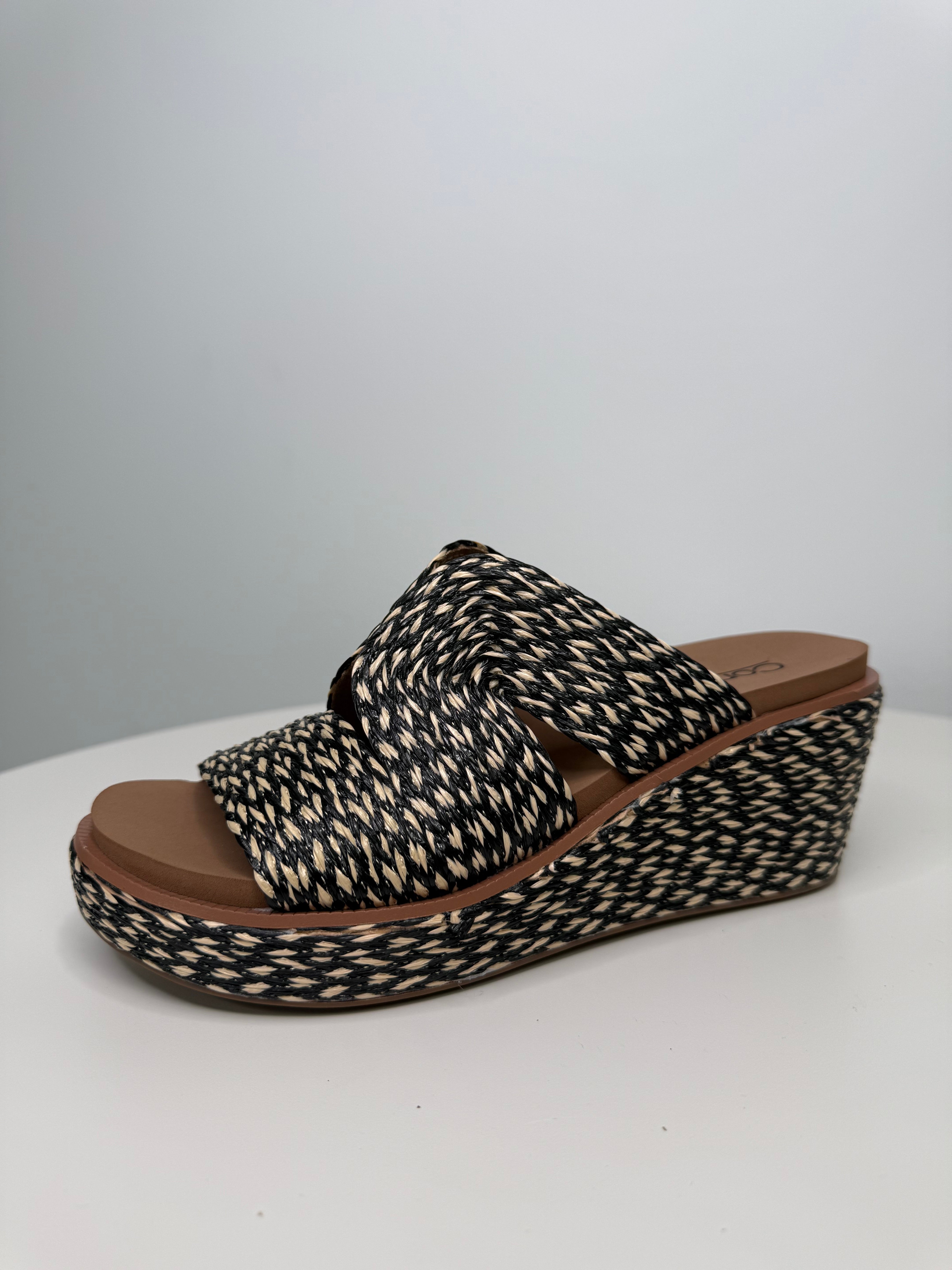 GOLDEN HOUR BLACK COMBO CORKYS SANDAL WEDGES