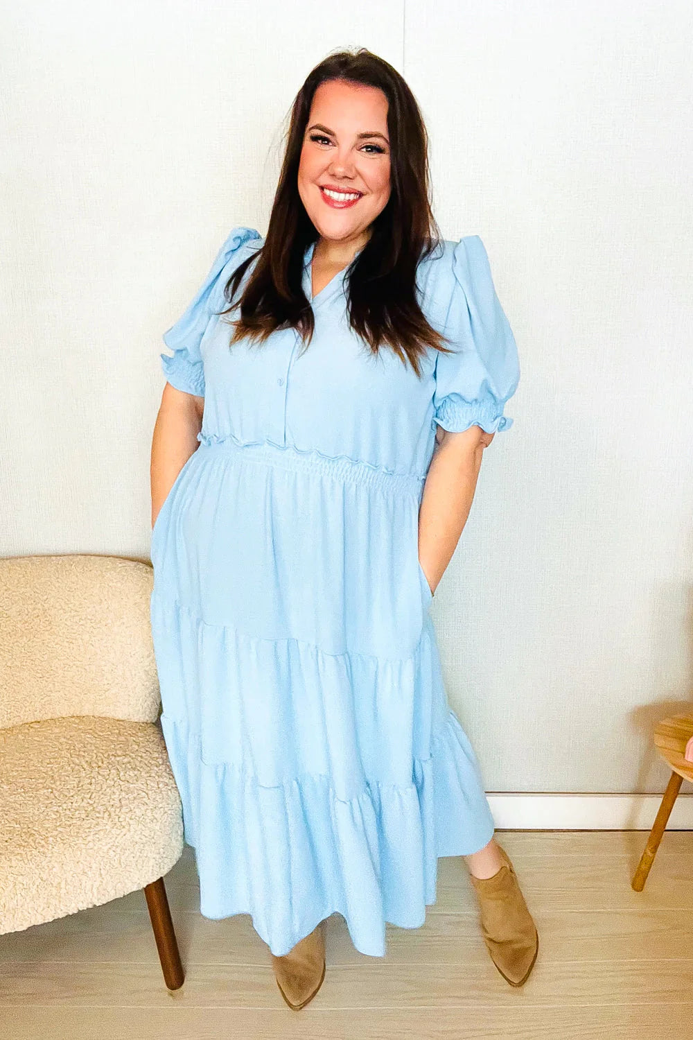 BABY BLUE PERIWINKLE FRILLY NOTCH NECK SHIRRED WAIST TIERED MAXI DRESS