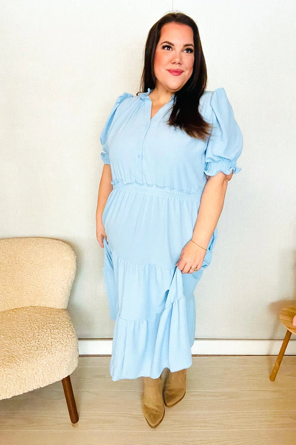 BABY BLUE PERIWINKLE FRILLY NOTCH NECK SHIRRED WAIST TIERED MAXI DRESS