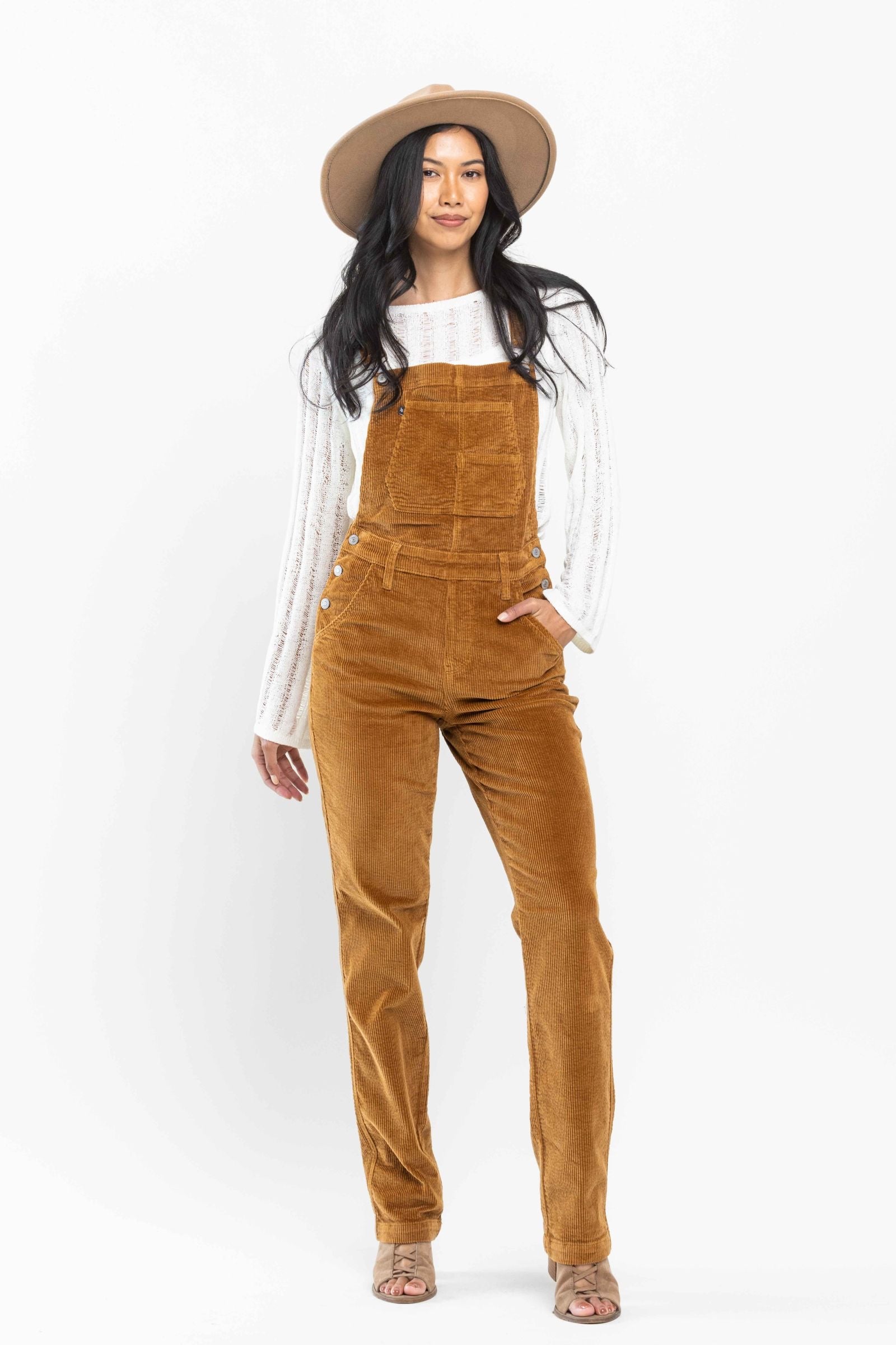 High Waist Camel Over Dyed Corduroy Overalls Straight Fit Judy Blue