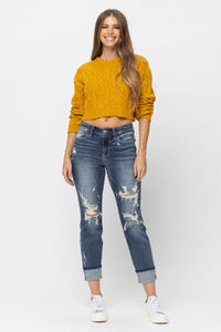 MID RISE CUFFED DESTROYED BOYFRIEND MEDIUM WASH JUDY BLUE DENIM